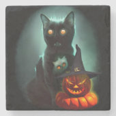 Vampire Cat and Wizard Pumpkin Halloween Surreal Stenen Onderzetter (Voorkant)