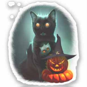 Vampire Cat and Wizard Pumpkin Halloween Surreal Sticker
