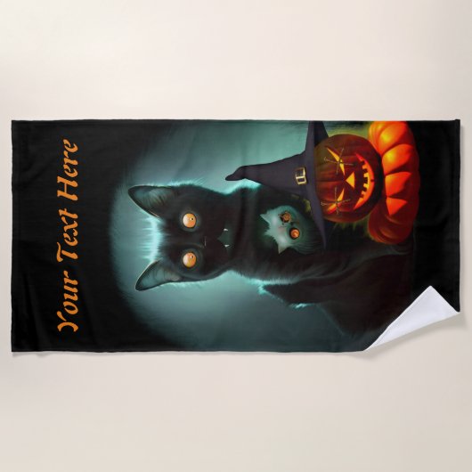 Vampire Cat and Wizard Pumpkin Halloween Surreal Strandlaken (Voorkant)