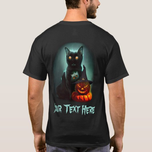 Vampire Cat and Wizard Pumpkin Halloween Surreal T-shirt (Achterkant)