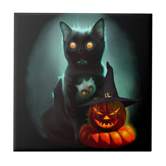 Vampire Cat and Wizard Pumpkin Halloween Surreal Tegeltje (Voorkant)