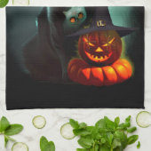 Vampire Cat and Wizard Pumpkin Halloween Surreal Theedoek (Gevouwen)