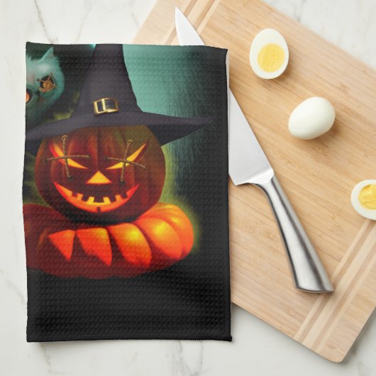 Vampire Cat and Wizard Pumpkin Halloween Surreal Theedoek (Quarter Fold)