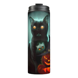 Vampire Cat and Wizard Pumpkin Halloween Surreal Thermosbeker
