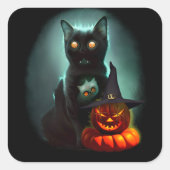 Vampire Cat and Wizard Pumpkin Halloween Surreal Vierkante Sticker (Voorkant)