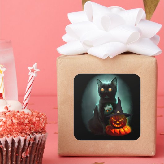 Vampire Cat and Wizard Pumpkin Halloween Surreal Vierkante Sticker (Feest)