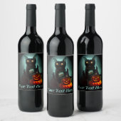 Vampire Cat and Wizard Pumpkin Halloween Surreal Wijn Etiket (Flessen)