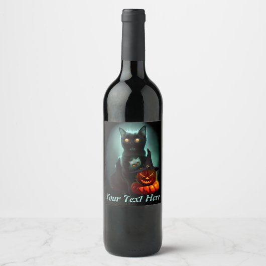 Vampire Cat and Wizard Pumpkin Halloween Surreal Wijn Etiket (Voorkant)