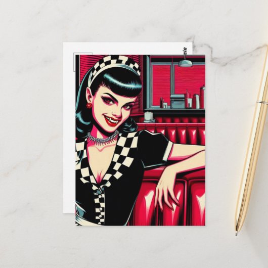 Vampire Waitress at the Retro Diner Briefkaart (Voorkant / Achterkant in situ)