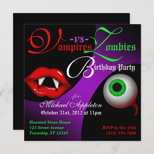 Vampires vs Zombies Halloween Invitations d'annive (Devant / Derrière)