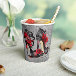 Vampy Strappy Stilettos Red Rose Hakken op Grung Papieren Bekers