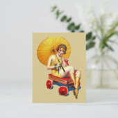 van 1920: Flapper Lady Umbrella Wagon Bathing Briefkaart (Staand voorkant)