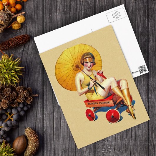 van 1920: Flapper Lady Umbrella Wagon Bathing Briefkaart