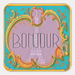 Van Bonjour de Vintage Franse Eiffel Mauve Toren Vierkante Sticker