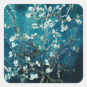 Van Gogh Almond Blossom : Donker Blauwgroen Vierkante Sticker