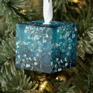 Van Gogh Amandelbloesem Donker Teal Kubus Ornament