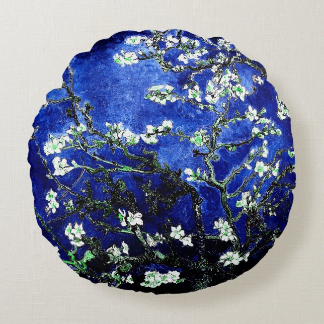 Van Gogh Amandelbloesems blauw groen Rond Kussen (Voorkant)