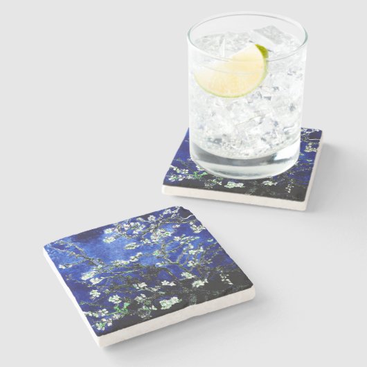 Van Gogh Amandelbloesems blauw groen stenen Onderz Stenen Onderzetter (Zijkant)