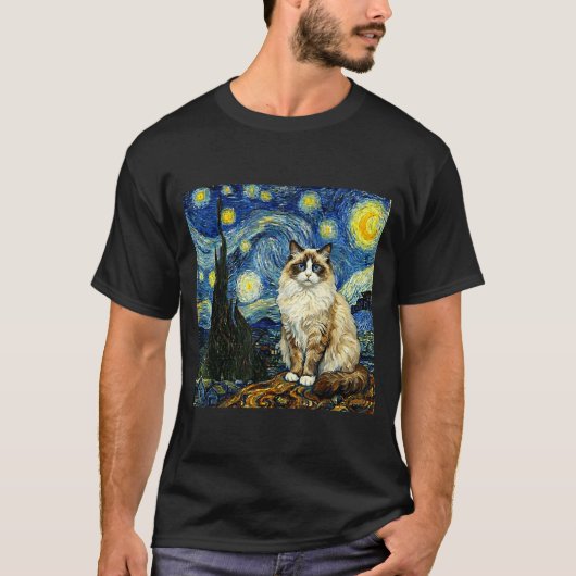 Van Gogh Art Starry Night - Funny Ragdoll Cat Arti T-shirt (Voorkant)