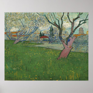 Van Gogh - Bloeiende boomgaarden Gezicht op Arles Poster