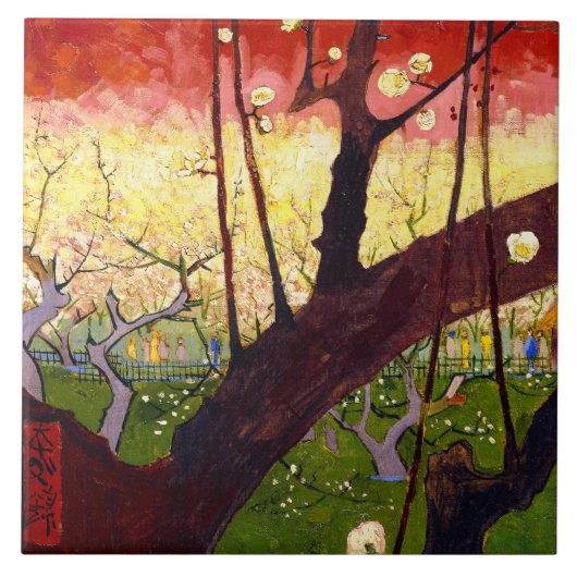Van Gogh bloeiende krottenboom na Hiroshige Tegeltje (Voorkant)