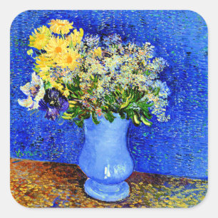 Van Gogh - Boeket Bloemen in een Blauwe Vaas Vierkante Sticker