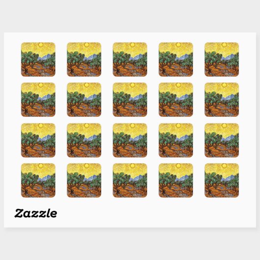 Van Gogh, Bomen met gele hemel Vierkante Sticker (Vel)