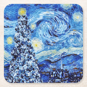 Van Gogh - de Sterrennacht - witte kerst Vierkante Kartonnen Onderzetter