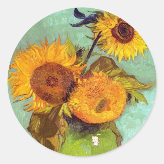Van Gogh - Drie zonnebloemen in een vaas - fijne k Ronde Sticker (Voorkant)