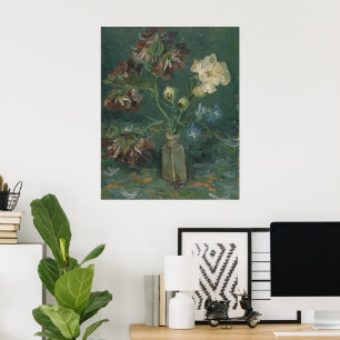 Van Gogh fles met pioenen en blauwe delphiniums Poster