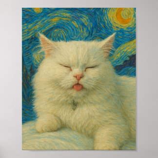Van Gogh Inspired Cat Art – White Cat Under Starry Poster