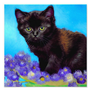Van Gogh Kat en Bloemen Foto Afdruk