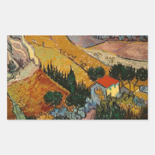 Van Gogh Landschap met House en Plowman Rechthoekige Sticker (Voorkant)