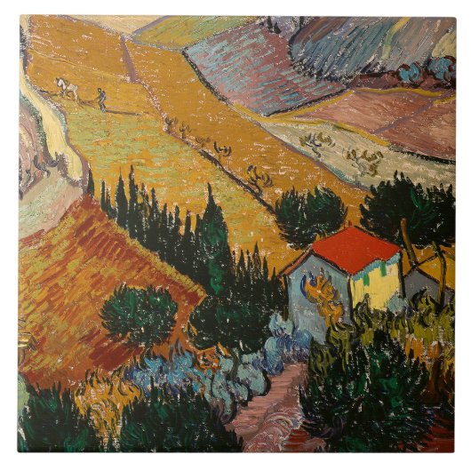 Van Gogh - Landschap met huis en ploegman, Tegeltje (Voorkant)