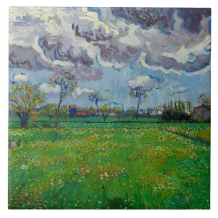 Van Gogh Meadow met bloemen onder een Stormy Sky Tegeltje