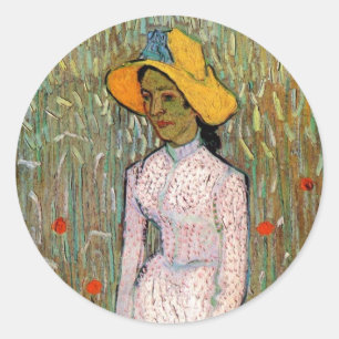 Van Gogh, Meisje staand; achtergrond van tarwe Ronde Sticker
