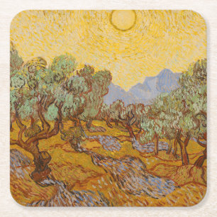 Van Gogh Olive Trees Yellow Sun Sky Vierkante Kartonnen Onderzetter