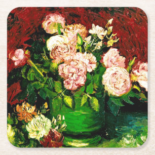 Van Gogh Peonies en Rozen Vierkante Kartonnen Onderzetter