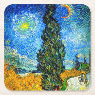 Van Gogh Road met Cypress en Star Vierkante Kartonnen Onderzetter