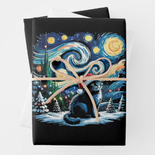 Van Gogh Starnacht Feestelijke Kerst Zwarte Kat  Inpakpapier Vel