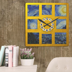 Van Gogh & Sterrennacht Art / Golden Retro Clock Vierkante Klok