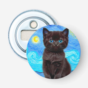 Van Gogh Sterrennacht Black Cat Button Flesopener