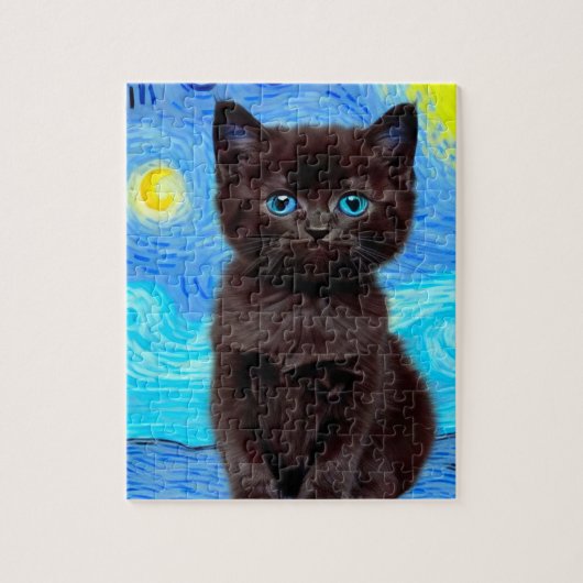 Van Gogh Sterrennacht Black Cat Legpuzzel (Verticaal)