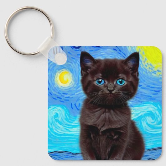Van Gogh Sterrennacht Black Cat Sleutelhanger (Voorkant)