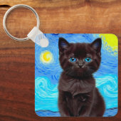 Van Gogh Sterrennacht Black Cat Sleutelhanger (Voorkant)