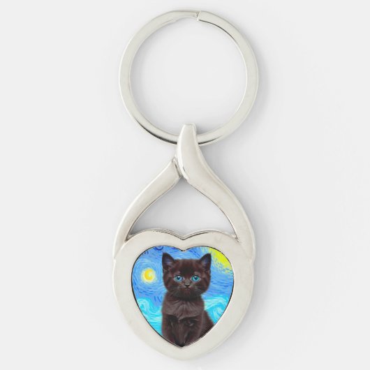 Van Gogh Sterrennacht Black Cat Sleutelhanger (Voorkant)