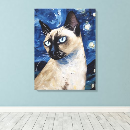 Van Gogh Sterrennacht kat Siamese droom Canvas Afdruk (Insitu (Houten vloer))