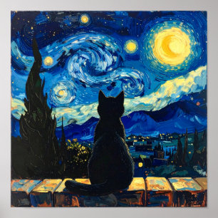 Van Gogh Sterrennacht met Zwarte Kat Poster