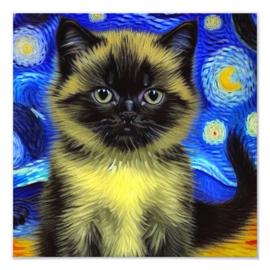 Van Gogh Sterrennacht Siamese kat Foto Afdruk (Voorkant)