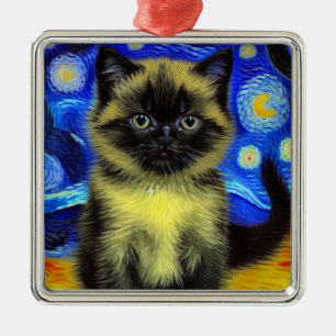 Van Gogh Sterrennacht Siamese kat Metalen Ornament